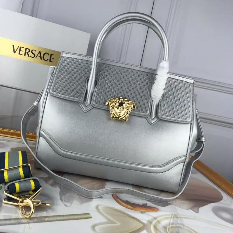 Versace Chain Handbags DBFF453 Full leather plain grain diamond patch silver